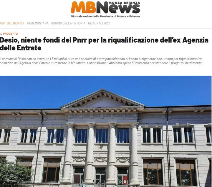 Desio, niente fondi del Pnrr per la riqualificazione dell’ex Agenzia delle Entrate