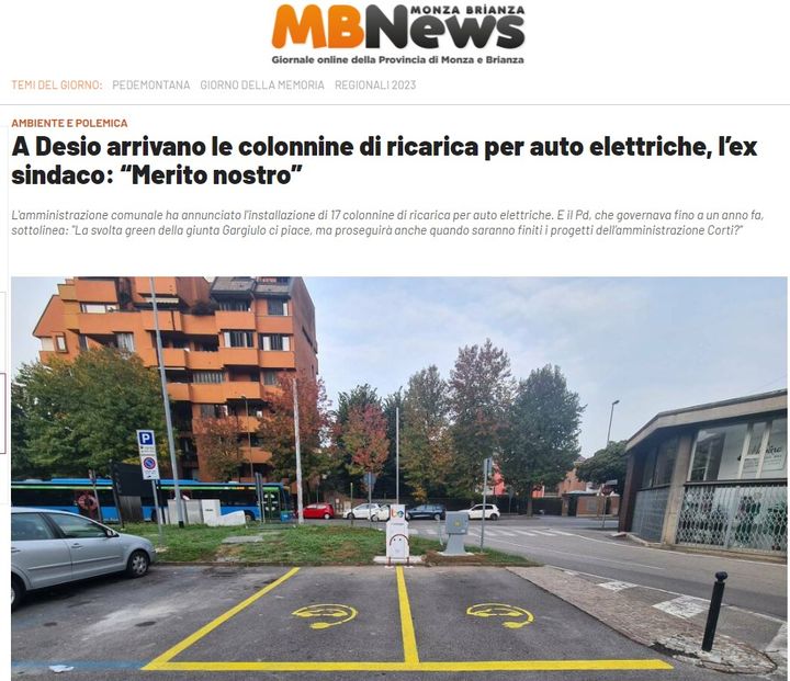 A Desio arrivano le colonnine di ricarica per auto elettriche, l’ex sindaco: “Merito nostro”