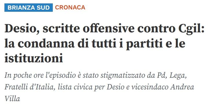 Desio, scritte offensive contro Cgil: la condanna di tutti i partiti e le istituzioni