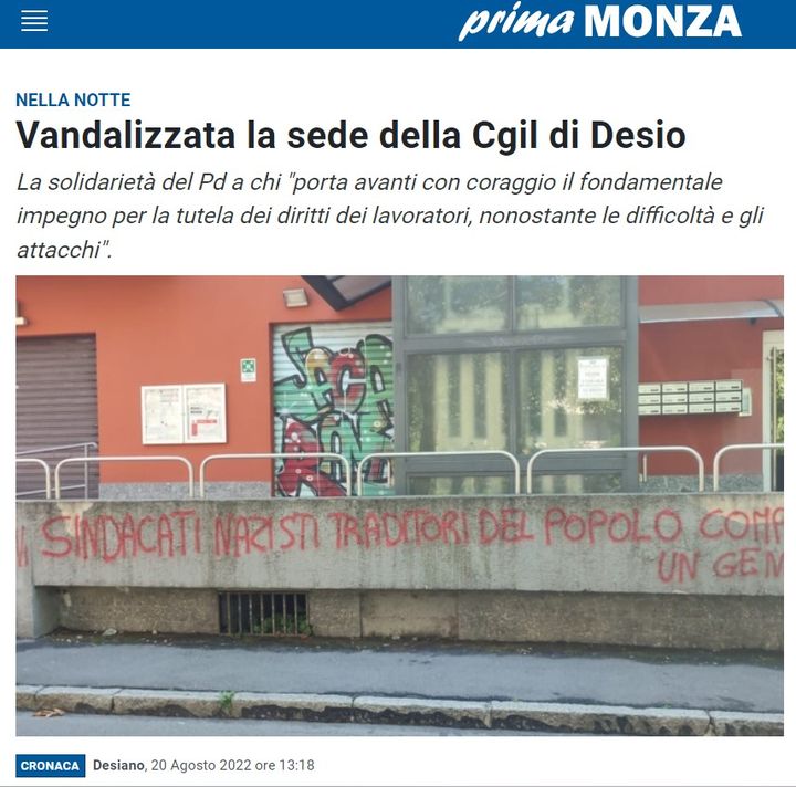 Vandalizzata la sede della Cgil di Desio