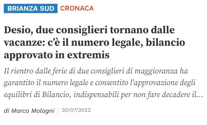 Desio, due consiglieri tornano dalle vacanze: c’è il numero legale, bilancio approvato in extremis