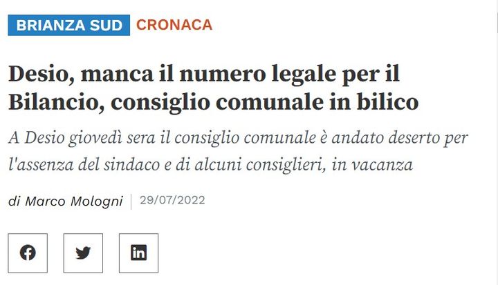 Desio, manca il numero legale per il Bilancio, consiglio comunale in bilico