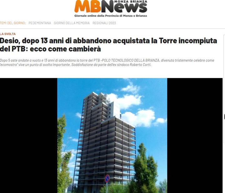 Dopo 13 anni di abbandono acquistata la Torre incompiuta del PTB: ecco come cambierà