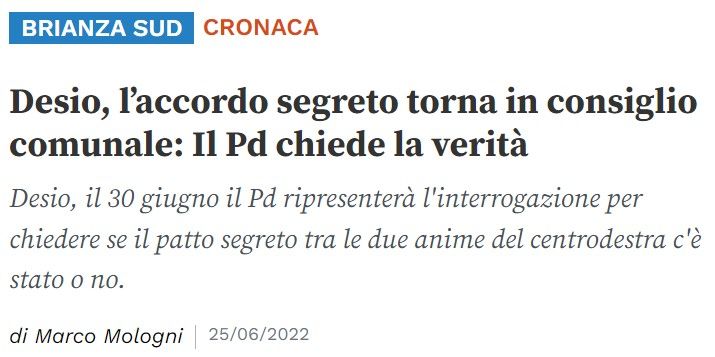 Desio, l’accordo segreto torna in consiglio comunale: Il Pd chiede la verità