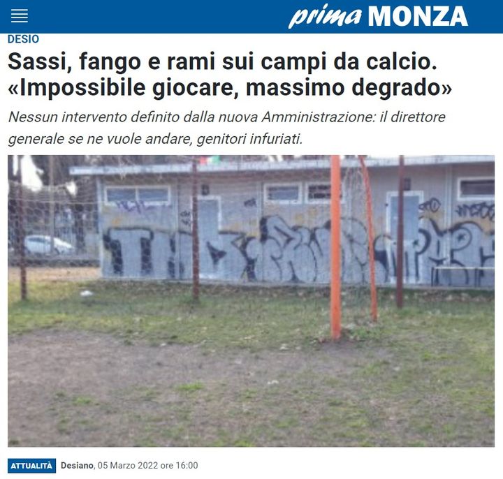 Sassi, fango e rami sui campi da calcio. «Impossibile giocare, massimo degrado»